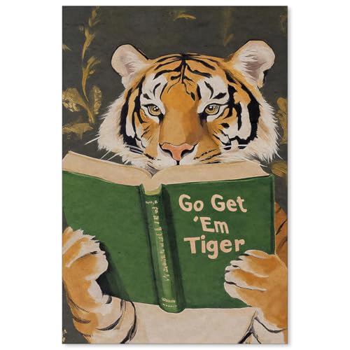 FoxUncle Motivational Tiger Reading Book Poster Funny Go Get Em Tiger Wall Art Vintage Cute Animal Canvas Print for Library Office or Study Wall Decor 16X24 inch Unframed