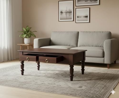 Image of MISAN Solid Sheesham Wood Coffee Table - Elegant Center Table with Two Spacious Drawers | Sturdy & Stylish Wooden Furniture for Home & Living Room (A - Walnut)
