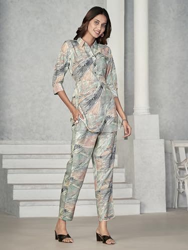 Image of NAINVISH Women Muslin Floral Co-Ord Set | Ethnic | Casual Wear Pant Top Set | Fancy | Full Pair Set | Kurtis Sets | Kurta Pant Set