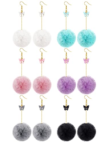 6 Pairs Christmas Butterfly PomPom Earrings Drop Dangling Colorful PomPom Earrings Winter Jewelry Butterfly Pendant Faux Fur Fluffy Ball jewelry for Women