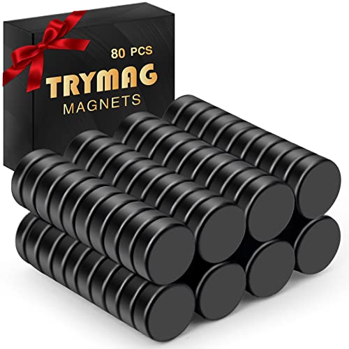 TRYMAG Small Magnets, Small Neodymium Disc Magnets, 80 Pcs Strong Rare Earth Magnets Tiny Black Round Button Magnets for Fridge, Whiteboard, Billboard, Hobbies, Office