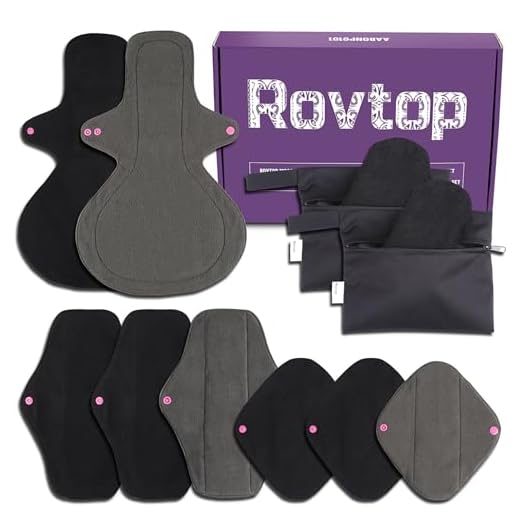 Rovtop 10 Pcs Reusable Sanitary Pads, Washable Black Cloth Menstrual Pads/Menstrual Towel/Sanitary Napkins with Bamboo Charcoal Absorbent Layer, 4 Size Replace and 1 Mini Waterproof Portable Bag