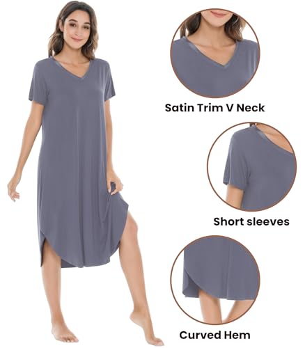 Image of NACHILA Nightgowns for Women-Viscose Made from Bamboo, V Neck Sleepshirts Short Sleeve Sleepwear Cool Nightshirt
