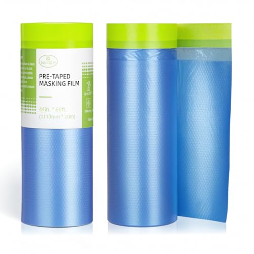 Tangibay Pre-Taped Masking Film for Painting - 44" x 66' Painters Plastic Sheeting with Automotive Paint Tape and Drape for Covering Cars, Walls, Windows and Furniture Protection (2 Rolls)