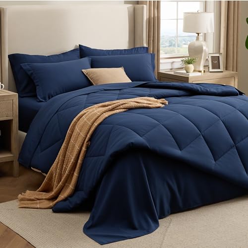 Image of Bedsure 7 Pieces Queen Comforter Set Premium Series, Hotel Luxury Soft Bed in a Bag, Goose Down Alternative, Safe for Sensitive Skin Bedding Comforter All Season Medium Warmth, Navy Blue Queen Size