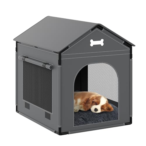 Dog House Indoor, XLarge Indoor Doghouse Soft with Frame, Waterproof Pet House for Medium Large Dogs with Oxford Fabric, Warm Indoor Dog House Bed with Soft Cushion, 27.56x21.26x26.77in, Dark Gray