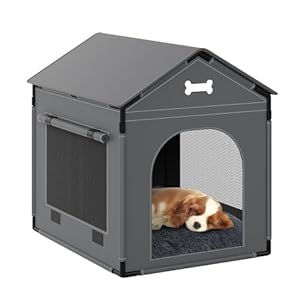 Dog House Indoor, Large Doghouse Soft with Frame, Waterproof Pet House for Medium Large Dogs with Oxford Fabric, Warm Indoor Dog House Bed with Soft Cushion, 27.56×21.26×26.77in, Dark Gray