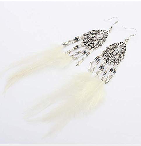Weishu Fashion Vintage Long Tassel Feather Beads European and American Fashion Exaggerated Feather Earrings Handmade Natural Long Feather Pendant (White)