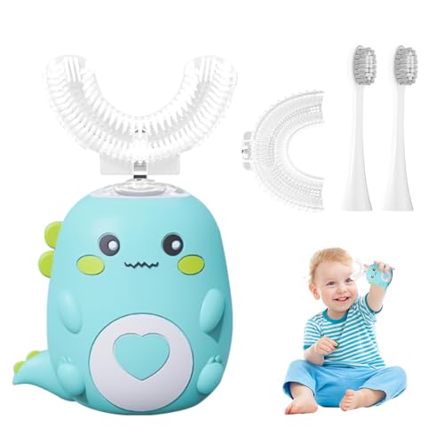 Hojalis Lulabini Dinobrush, Auto-Schallzahnbürste Für Kinder Mit 2 U-Förmigen Silikonbürstenköpfen & 2 Bürstenkopf, Elektrische Kinderzahnbürsten Mit Dino-Look Licht, Elektrische Zahnbürsten Kinder