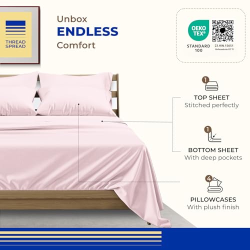 Image of THREAD SPREAD Egyptian Cotton Sheets Queen Size - 1000 Series High Thread Count Cotton Queen Sheet Set (6 PC, Blush), 16 inch Snug Fit Deep Pocket, Cooling, Sateen Weave, Ultra-Soft Hotel Luxury Sheets