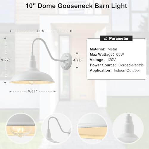 Image of 10 inch Outdoor Barn Lights for Farmhouse, Gooseneck Outdoor Light in Matte White, Farm Exterior Lighting Fixtures with Wall Mount, 2-Pack Outside Wall Sconce for Porch, Garage, Front Door