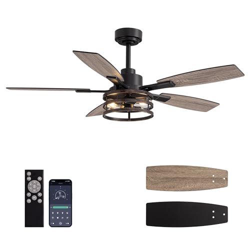 Image of 52-Inch Retro Black Downrod Curved Tube Ring-Style Iron Cage Ceiling Fan with Light Industrial Energy-Saving Quiet Strong Airflow for Living Room Bedroom