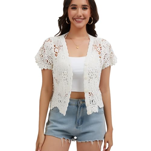 Image of Women's Short Sleeve Bolero Shrugs Crochet Lace Open Cardigan