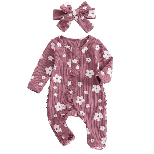 Image of Ayalinggo Newborn Baby Girl Fall Winter Outfits Clothes Knit Jumpsuit Ruffle Romper Newborn Coming Home Outfit for Baby Girl