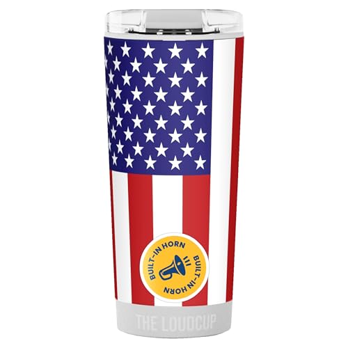The LoudCup Blow Horn Tumbler, Cheer & Sip 2-in-1 Reusable Water Bottle with Built-In Horn for Sports Games, Tailgates, Parties & Events, BPA-Free, 16 oz, USA Flag