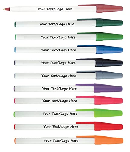 Personalized Stick Pens With your Custom Logo or Text-500 Pack Bulk-for Businesses, Parties, and Events, Custom Printed Slim Ballpoint Pens with Cap, Assorted Colors, Black Ink