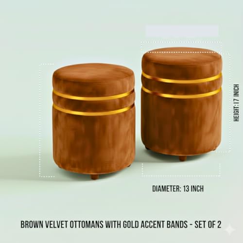 Image of Decorative Ottoman Pouffes for Sitting - Two-Piece Set of Puffy Stools and Footstools - Round Ottoman Stool for Living Room Furniture (Brown)