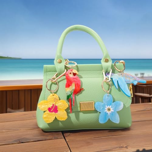 Tropical Hibiscus Flower Bird Butterfly Keychain Bag Charm Keychain Gold-Tone Clasp, 5.3 Inches