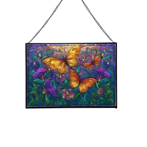 Butterflies swirling – Tropical sunrise Animal Stained Glass Suncatcher – Rectangular Hanging Window Panel with Artistic Nature Background – Wildlife Glass Art Gift for Animal and Nature Lovers ADciTi