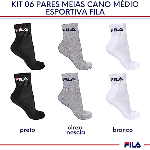 Kit 06 Pares Meias Cano Médio Esportiva Sola Atoalhada Adulto Unissex | 2 Brancas - 2 Cinzas - 2 Pre