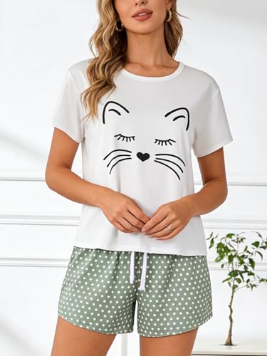 Image of VENTELAN Pajama Set For Women Cute PJS Summer Short Sleeve Shorts Sleepwear