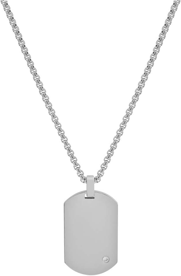 Geoffrey Beene Men's Engraving-Stainless Steel Dog Tag Pendant Necklace with Cubic Zirconia Stone