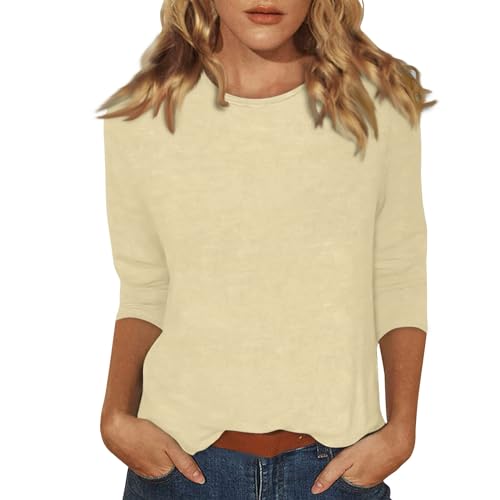 Ladies Three Quarter Sleeve Tops Womens Lightweight Solid Color Tops 3/4 Sleeve Casual Gym Fashion Daily T-Shirts Ladies Summer Round Neck Blouses 05-Complexion M