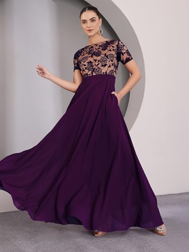 Image of Miss Chase Women's V-Neck Full Sleeve Self Design Lace-Overlaid Georgette Maxi Dress