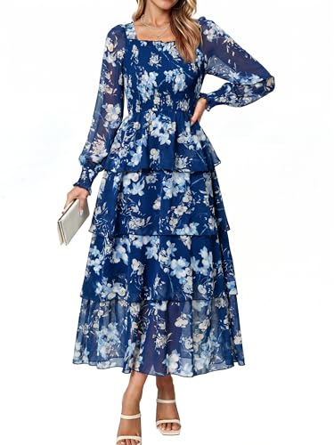 Simplee Womens Long Sleeve Wedding Guest Dress Boho Floral Smocked Square Neck Tiered Flowy Spring Fall Maxi Dresses Dark Blue Floral S