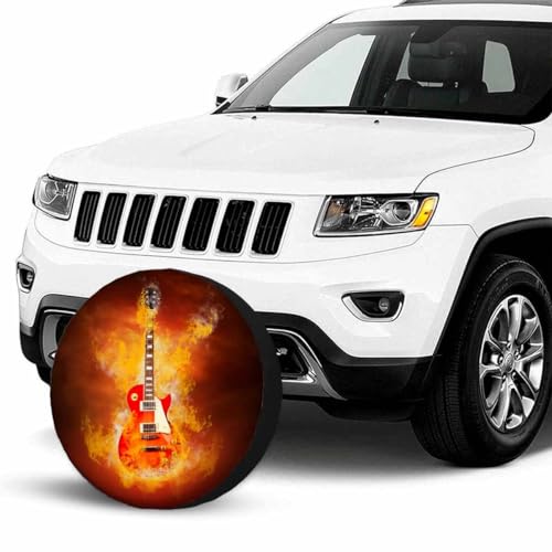 Image of Rock Guitar in Burning Fire Spare Tire Cover for RV Trailer Rock Instrument Guitar Wheel Protectors Weatherproof Polyester Tire Case for All Cars SUV Camper Travel 15 inch, STC065