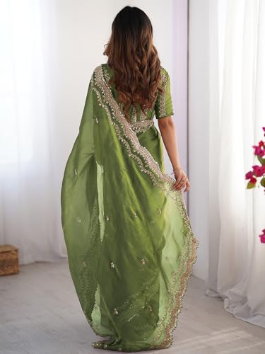 Image of Satrani Women's Shimmer Chiffon Sequins Embroidery Saree with Unstitched Blouse Piece