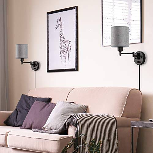 Plug in Wall Light Fixtures, Set of 2 Swing Arm Wall Lamps with Grey Linen Lampshade, Modern Bedside Wall Sconce for Bedroom Hallway Living Room Study - Thumbnail 6