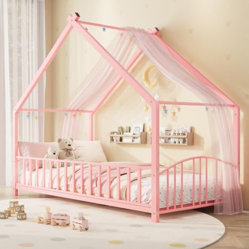 Image of Garvee Twin Size House Shape Bed Frame with Rail, Pink