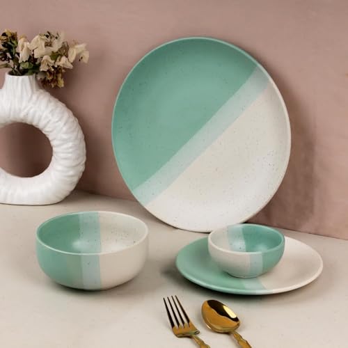 Image of The Earth Store Handcrafted TT Green Matte Ceramic Dinner Set, 30 Pieces Serving for 6, Microwave and Dishwasher Safe, Bone-Ash Free, Dinner Sets | Crockery Set for Gifting & Dining