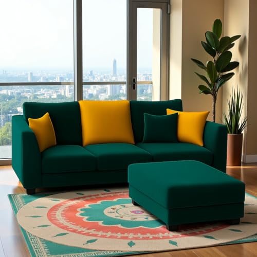 Image of SOCOZI Trevano 4 Seater L Shape Sofa Set with Movable Ottoman | Flexible Left or Right Layout | Soft Velvet Suede Fabric | Modern Design | Plush Comfort Cushions for Living Room (Teal Green-Yellow)