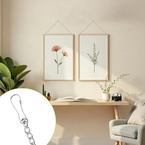Image of Picture Hanging Kit with 4Pcs 2M Picture Hanging Chains & 12Pcs Small Hooks, Heavy Duty Metal Display Chain for Photo Frames Artworks Mirror(Silver)