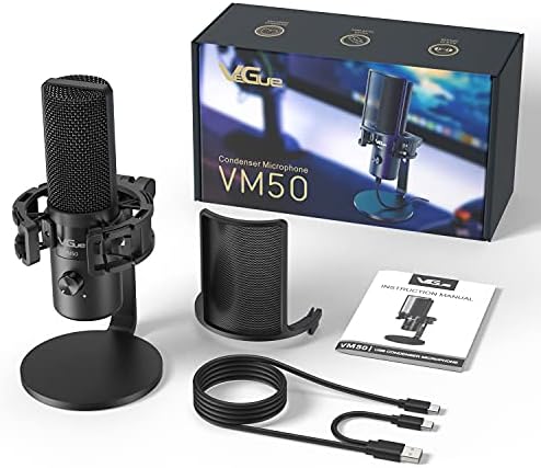 VeGue USB Condenser Microphone, Cardioid Studio Mic All Metal with Gain Control & Headphone Output for Gaming, Recording, Podcasting, Chatting Compatible with MAC PC Laptop or Windows Desktop, VM50