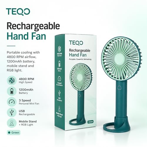 Image of TEQO Rechargeable Hand Fan 4800 RPM High Speed | 1200mAh Battery, Up to 6 Hours Runtime | Portable USB Fan with Mobile Stand & RGB Light | 3 Speed Personal Mini Fan for Travel, Makeup (Green)