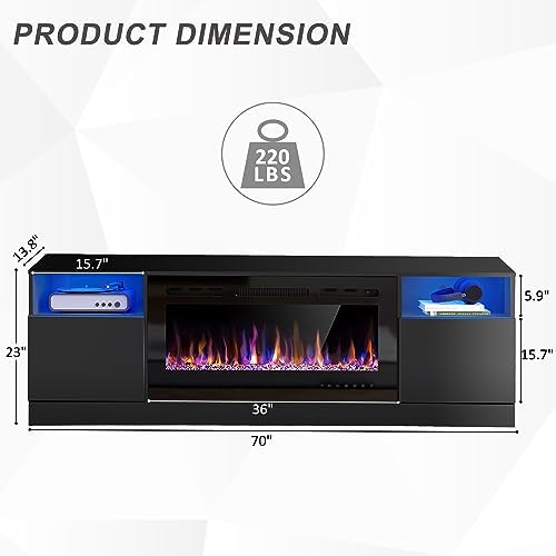 AHB Fireplace TV Stand, LED Light Entertainment Center with 36 Electric Fireplace and Storage Cabinet, Media Console Table for TVs Up to 80 Inches, Ideal for Living Room, 70 Inches (Black) - Thumbnail 5