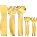 Cubiertos Acero Inoxidable Juego de vajilla de 30 piezas de acero inoxidable en negro y dorado, cuchillo, tenedor, cuchara y cubiertos for cocina.(Gold 30Pcs)