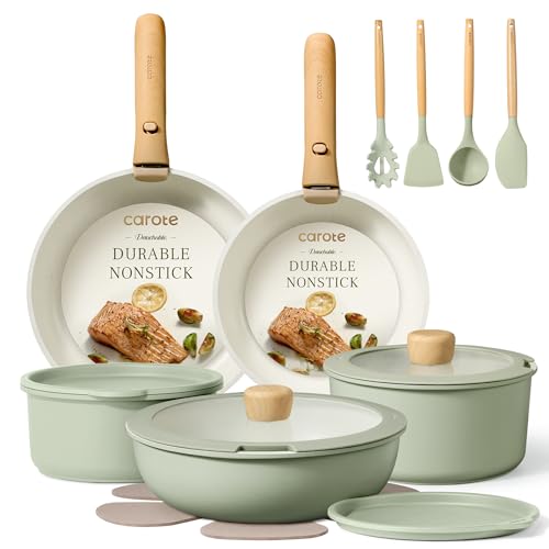 Comparison: Best Pots With Removable Handle 10 CAROTE Pots and Pans Set, Nonstick Cookware Set Detachable Handle, 19pcs Induction Kitchen Cookware Sets Non Stick with Removable Handle, RV Cookware Set, Oven Safe, Sage Green