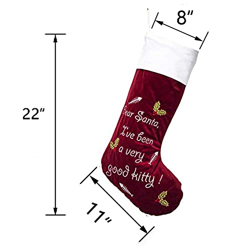 Gex Christmas Stockings For Cat Dog Pet 22" Large Quilted Lining Embroidery Luxury Lovely Velvet Hanging Ornament Decorations For Xmas Season (Deep Red) #TOP3