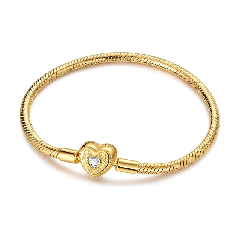 BEVALY 17cm Gold Heart Chain Charm Bracelet 925 Sterling Silver Bead with 5A Cubic Zirconia for Women Gift for Friend