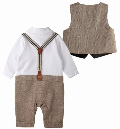 ZOEREA Baby Boy Outfits Set, 3pcs Long Sleeves Gentleman Jumpsuit & Vest Coat & Berets Hat with Bow Tie Brown