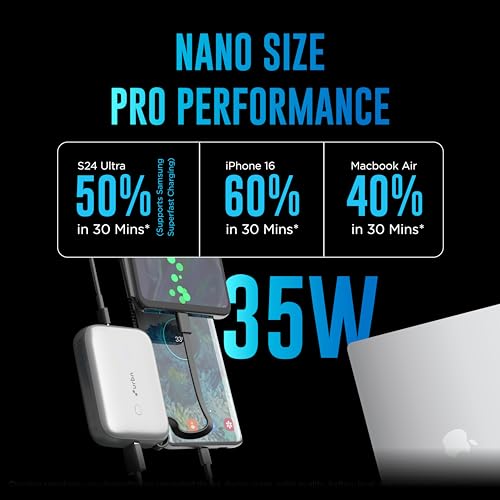 Image of URBN 10000 mAh 35W Super Fast Charging Power Bank with Built-in USB-C Cable| Triple Output | Two Way Fast Charge | Made in India | for MacBook Air, iPhone, Android & More (Grey)