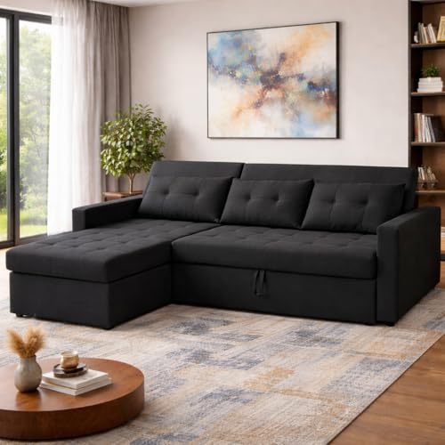 Image of Emilio 4 Seater LHS L - Shape Pull-Out Sofa Cum Bed Sofa for Living Room (Black Fabric Color) Premium Fabric Sofa Set for Living Room Sofa Cum Bed