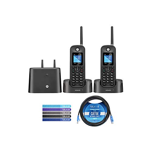 Motorola O212 DECT 6.0 Long Range Cordless Phone, Water & Dust Resistant, IP67 Certified, Black, 2 Handsets Bundle with Blucoil 10' Cat5e Cable, and 5-Pack of Reusable Cable Ties