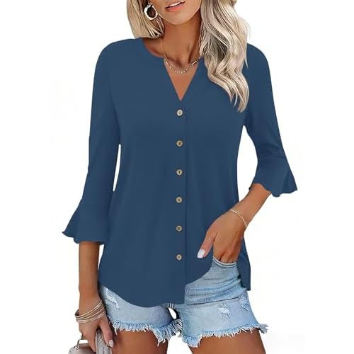 Ivicoer Women's Button Down T Shirts 3/4 Sleeve V-Neck Tops Casual Summer Ladies Tees Ruffle Bell Sleeve Tunic Dark Blue Medium
