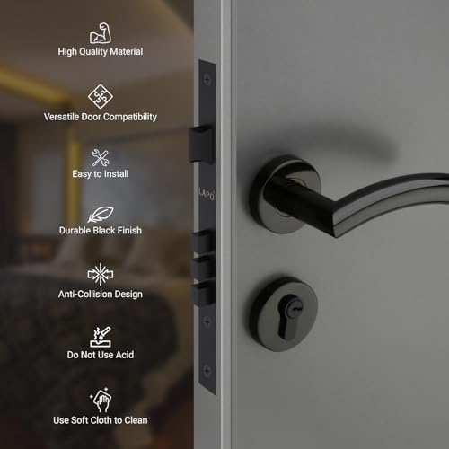 Image of LAPO Mortise Door Lock for Home Main Door & Bedroom with Handle | 50x85mm Body | Heavy-Duty 70mm Cylinder | 3 Brass Keys | Left-Right Fit 30-50mm Door Home Office Hotel | Black Finish | CMH-5T