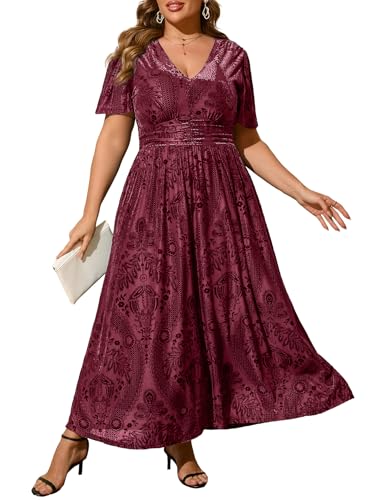 Image of Simplee Women's V Neck Velvet Maxi Dress Short Sleeve Empire Waist Long Formal Dress for Wedding Guest